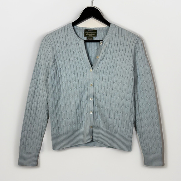 Eddie Bauer Icy Blue Cardigan Cable Knit Sweater Small Vintage Preppy Buttons - Picture 1 of 9